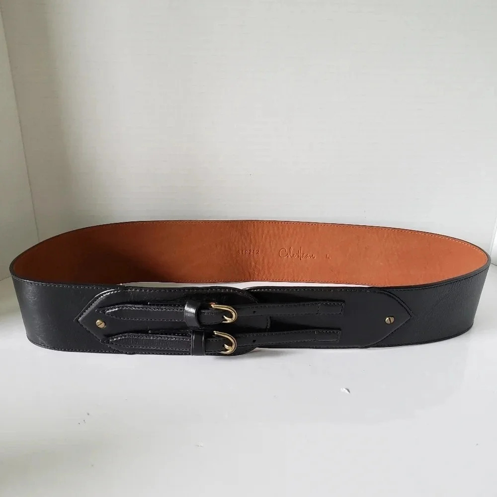 Cole Haan Womans Black Leather Wide Dual Buckle Belt,Size L.